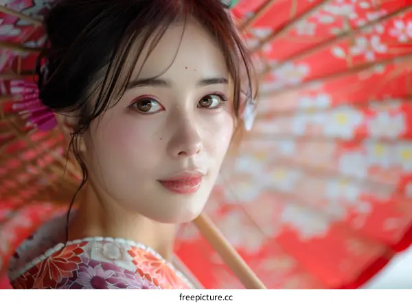 Portrait of a beautiful Asian woman in traditional Japanese kimono with red umbrella