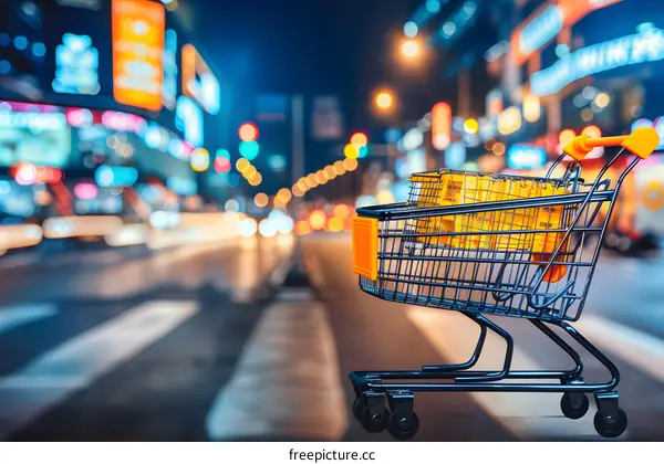 Shopping Cart On Street At Night With Blurred City Lights