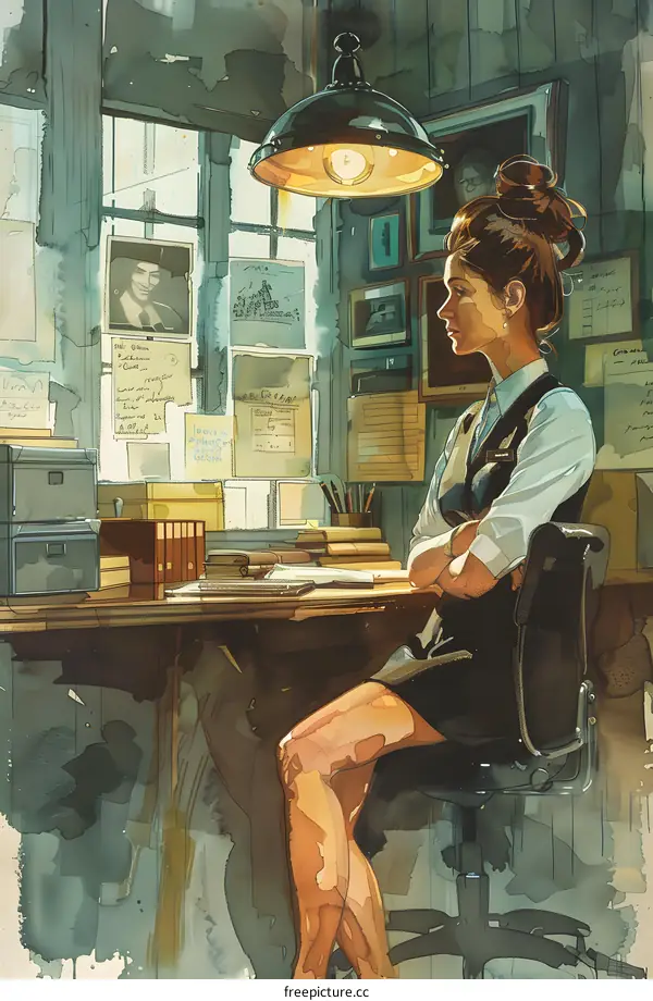 A woman is sitting in a chair in an office.