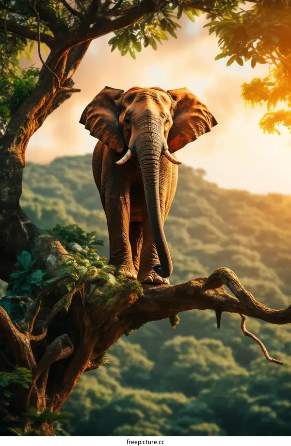 African Elephant Standing on a Tree Branch in the Jungle