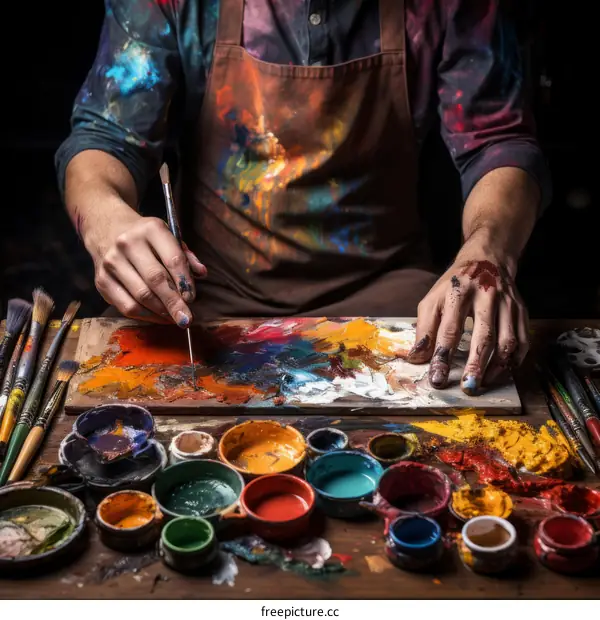 An artist mixing oil paints on a palette with a paintbrush in his hands