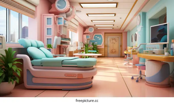 An illustration of a colorful and modern hospital room