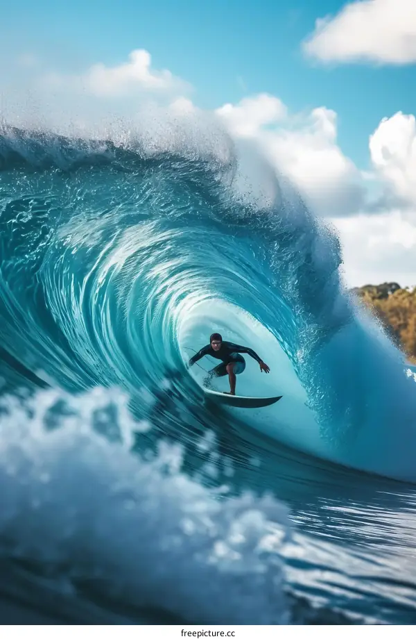 Surfer rides a big wave in the ocean