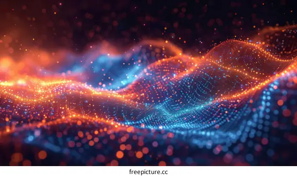 Abstract glowing blue and orange flowing wave of particles