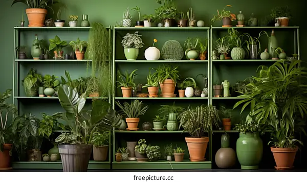 An abundance of various houseplants on shelves against a green wall