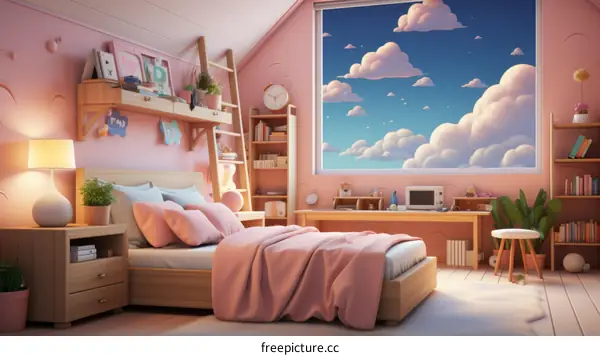 Cozy pink bedroom with window and plants