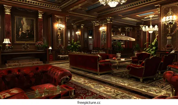 Luxury Interior Design Of Red Velvet Sofa and Gold Trimmed Furniture in a Grand Room