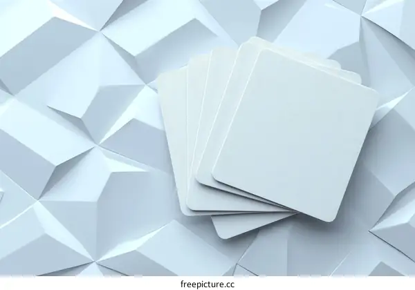 Blank white business cards on modern white geometric background. 3d rendering illustration.