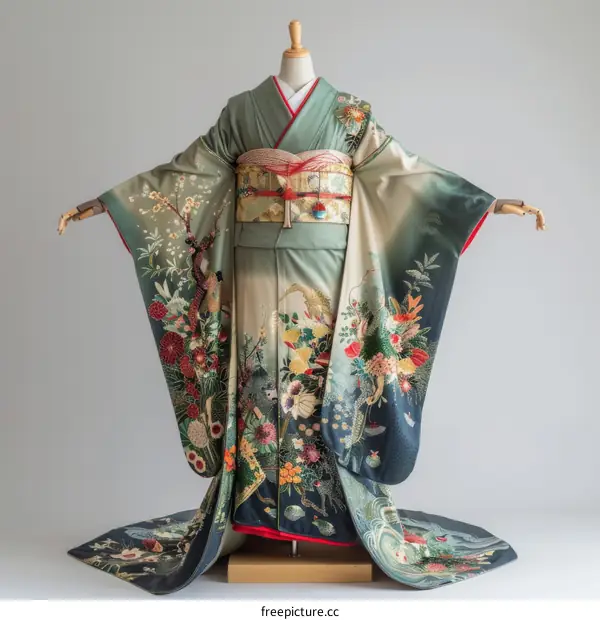 A woman wearing a green kimono with floral patterns