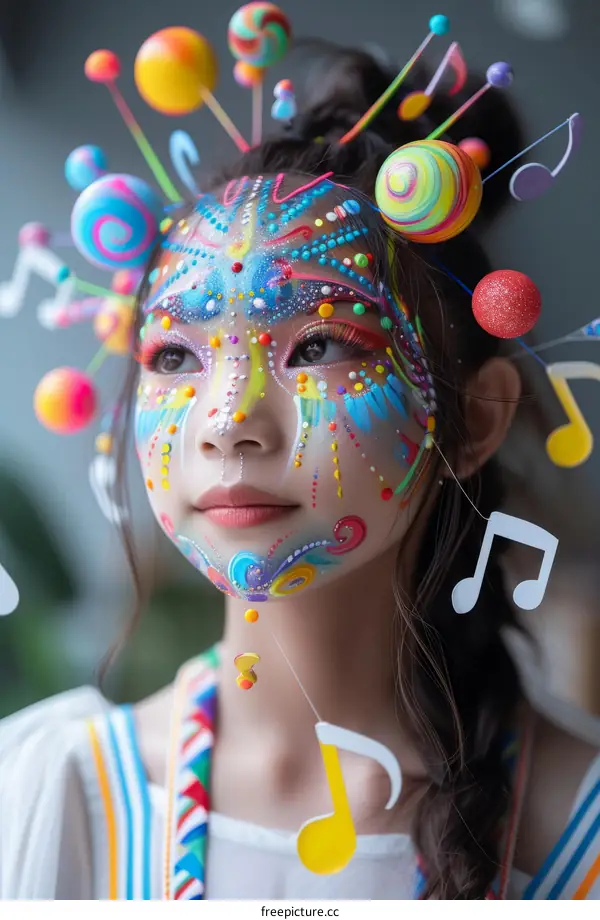 Colorful Face Paint and Music Notes Portrait of a Young Asian Woman