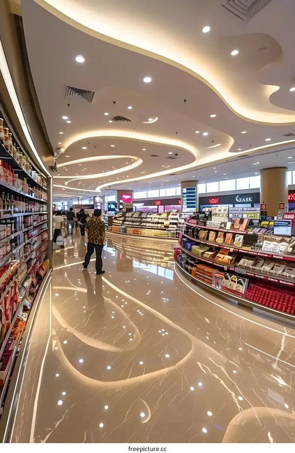 Modern Supermarket Interior With Curved Ceiling And Bright Lights