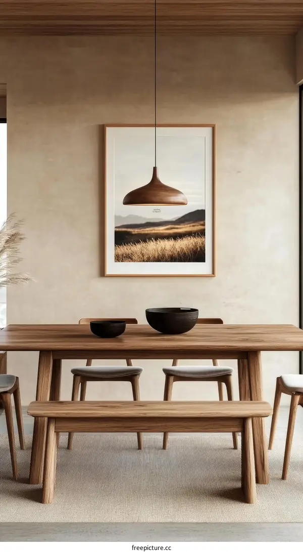 Modern Dining Area with Wooden Furniture and Artwork