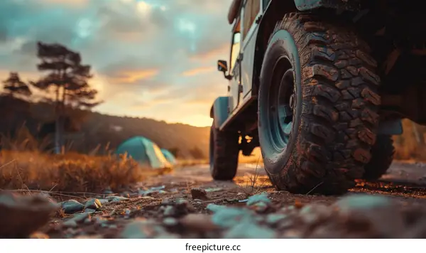 All-terrain vehicle on a rocky road with a tent in the background