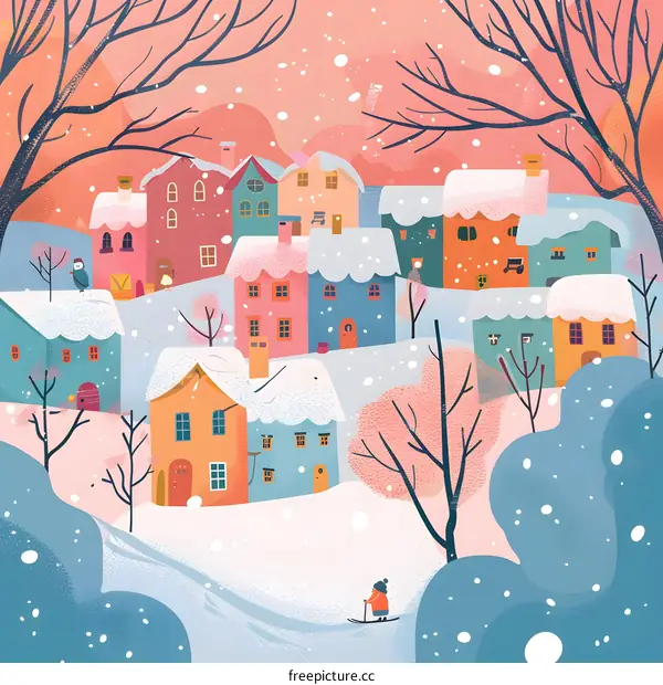 Snowy Winter Village Illustration With One Person Skiing