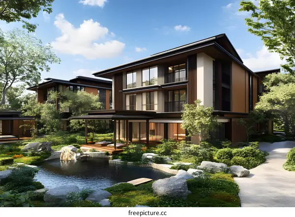 Modern Japanese Style Villa with Pond and Garden
