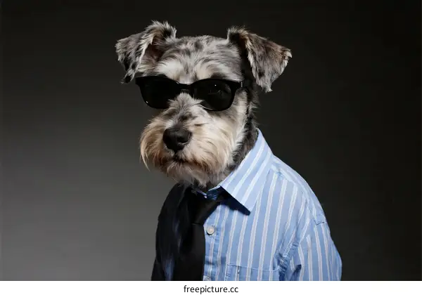A small dog dressed in a shirt and tie wearing sunglasses