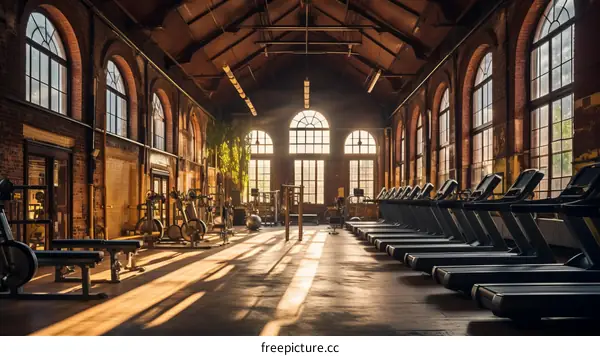 The sun shines through the windows of a vintage brick building gym