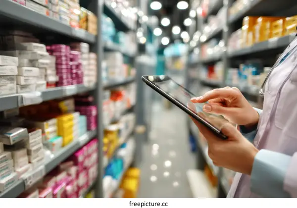 Pharmacist Using Tablet in Pharmacy Warehouse