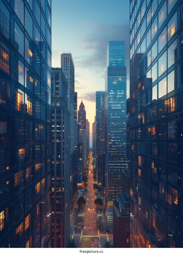City Skyline at Dusk with Illuminated Skyscrapers
