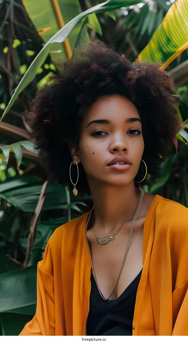 Beautiful Black Woman With Afro Hair Posing in a Tropical Garden