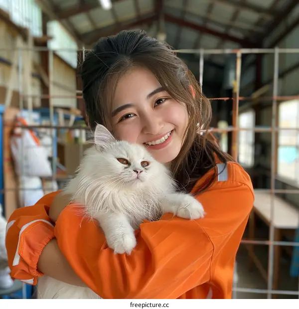 portrait of a young Asian woman hugging a white cat