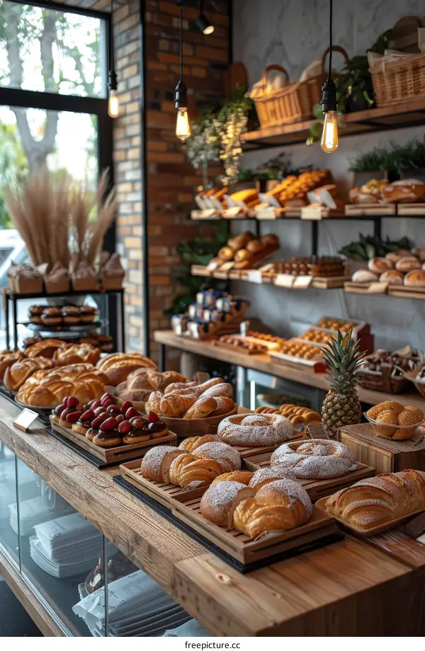 Delectable Pastries and Breads on a Bakery Shelf