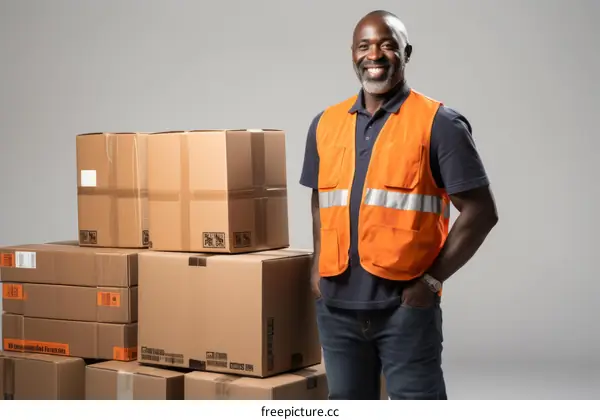 Smiling African American man in an orange vest standing in front of a stack of cardboard boxes
