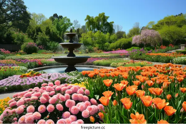 A beautiful garden with a fountain and many flowers