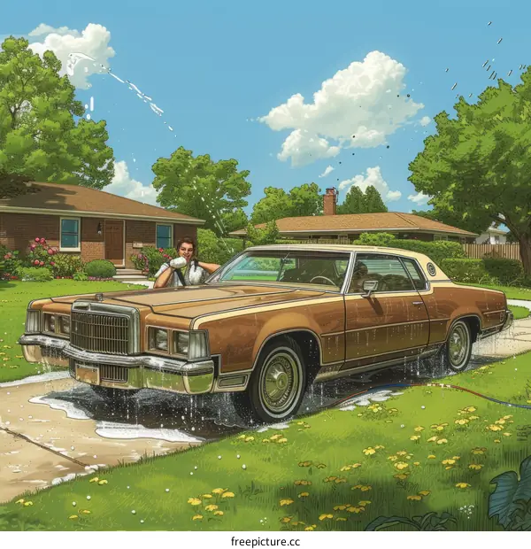 An illustration of a person washing a car in the driveway of a house