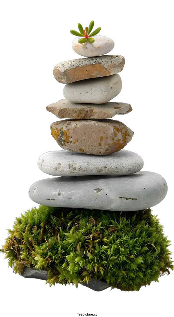 [Transparent Background PNG]Stone Stack with Moss and Tiny Plant