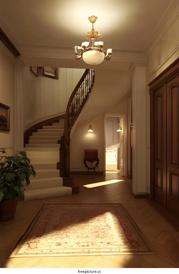 Classic Interior Design With Curved Staircase And Chandelier