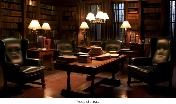 A library with bookshelves, armchairs, and a table