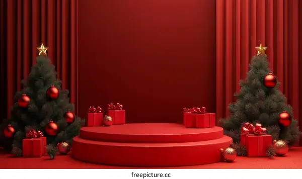 Red Christmas Scene with Gift Boxes and Christmas Tree