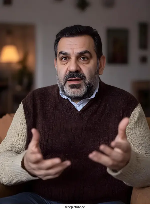 Middle Aged Man Talking Gesturing With Hands