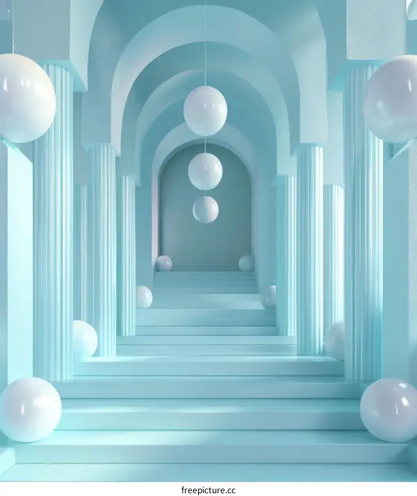 Pastel Blue Architectural Corridor with Ornate Steps