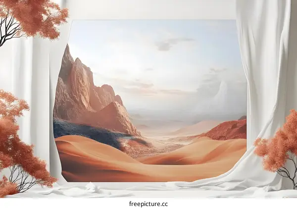 Minimalist Desert Landscape with White Curtains