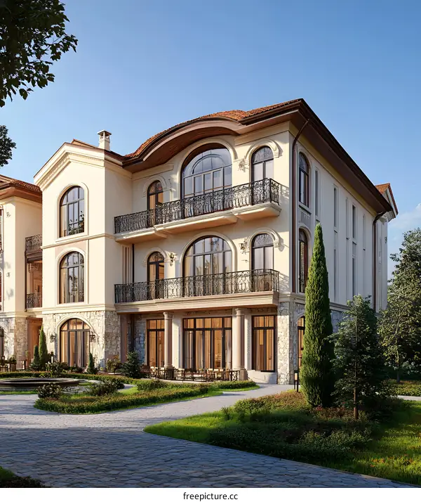 Luxury Villa Exterior With Stone Walls and Balconies
