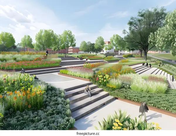 Modern Landscape Design with Multi Level Terraces and Lush Greenery