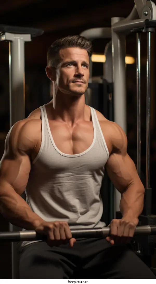 muscular man in a white tank top sitting on a bench in a gym