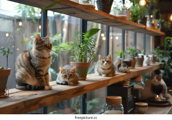 Five adorable kittens sitting on a wooden shelf in front of a window