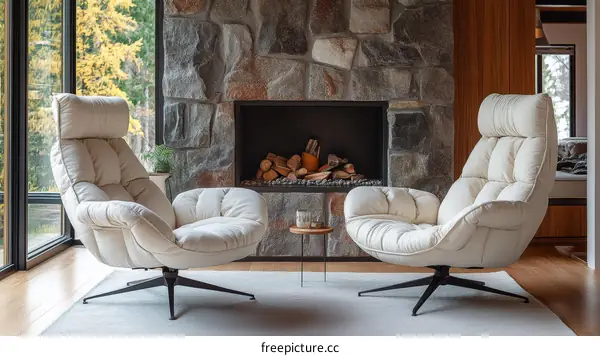 Modern Cream Leather Swivel Armchair by the Fireplace