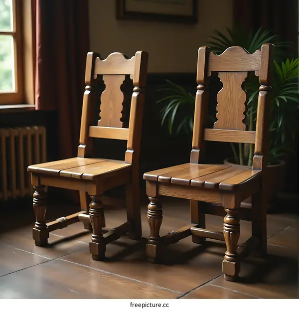 Two Antique Wooden Chairs in a Room