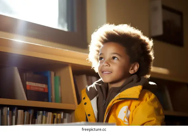 A young boy is sitting in a library, looking up at a bookshelf.