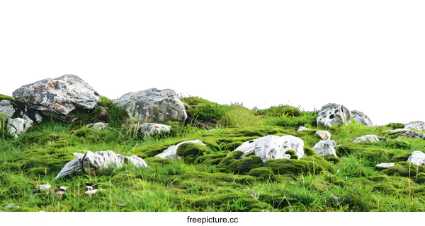 [Transparent Background PNG]Green Grass and Rocks in the Mountain