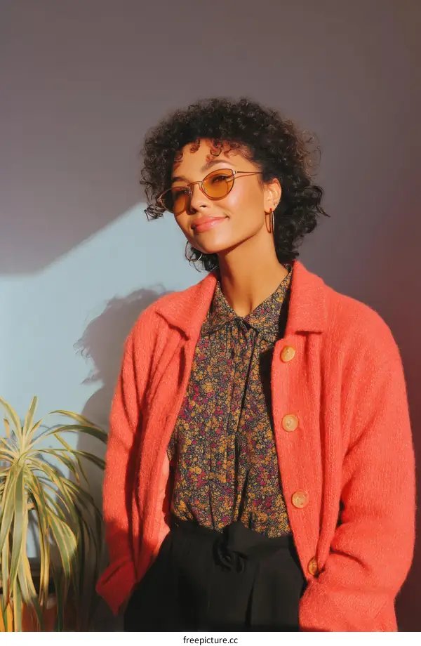Stylish Woman in Coral Cardigan and Floral Shirt