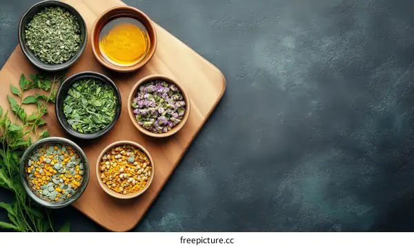 Assortment of Dried Herbs and Spices on Wooden Board