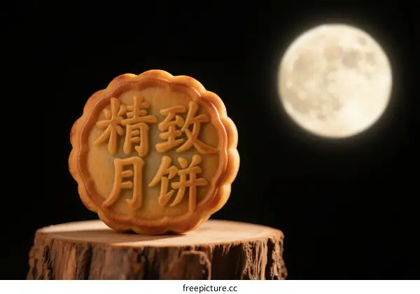 Mooncake with Chinese characters under a full moon in the background