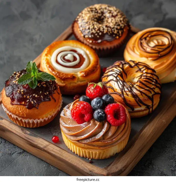 A variety of sweet pastries and donuts on a wooden board