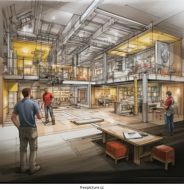 Two construction workers having a conversation in a nearly completed house