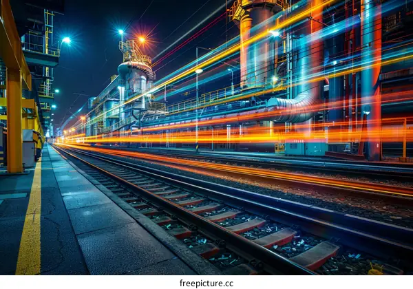 Mesmerizing Light Trails of a Train Passing by an Industrial Structure in the Night